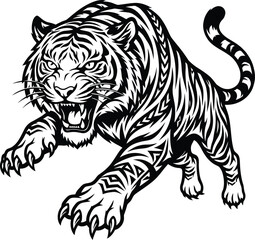 Fototapeta premium Aggressive pouncing tiger illustration with tribal patterned fur details