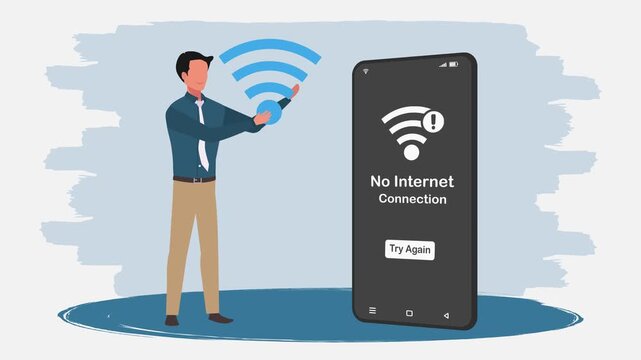 A smartphone with no internet connection. Man holding a wifi symbol. No internet access or bad connection concept