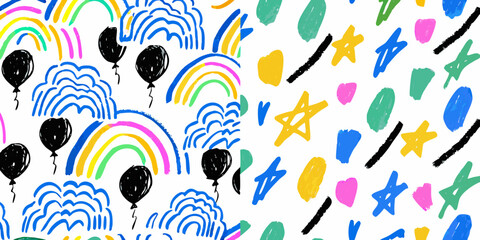 colorful childlike pattern with rainbows balloons and stars © Poly