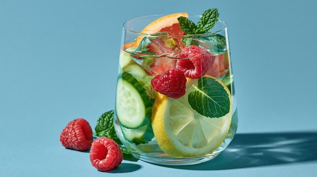 Refreshing infused water with cucumber, lemon, raspberries, and mint