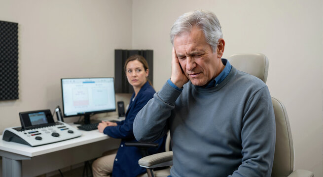 Senior man suffering from earache or hearing loss in clinic. Elderly male patient holding his ear in pain during consultation with audiologist