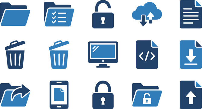 Digital file management vector icons for cloud computing operations and server data storage web elements.