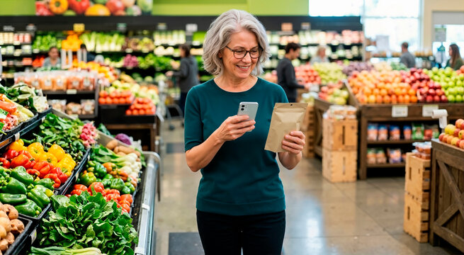Senior woman using a smartphone while shopping in a grocery store. Elderly female customer reading nutritional information on a product package. Healthy eating and nutrition concept