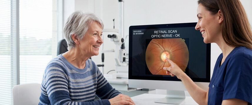 Senior woman smiling during an eye exam with a doctor pointing at a retinal scan on a monitor. Elderly eye healthcare and diagnostics