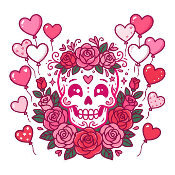 Doodle Skull with Pink Roses and Balloon on Transparent Background for Tattoo and Sticker Design