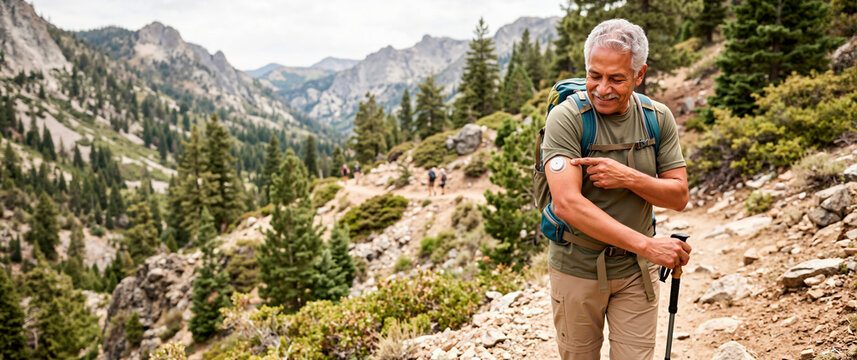 Senior man hiking on a mountain trail pointing to a continuous glucose monitor on his arm. Active elderly male managing diabetes with a wearable medical device outdoors