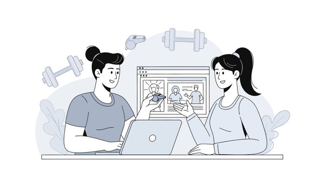 Online Fitness Coaching Session: Trainer & Client with Dumbbells, Whistle, Laptop