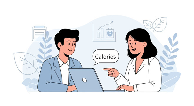 Nutritionist advising on calorie intake with laptop and health chart
