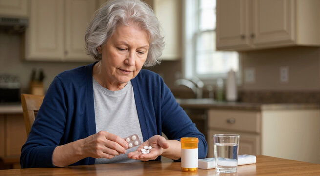 Elderly woman taking prescribed medication from a blister pack at home. Senior female patient managing type 2 diabetes with oral pills and water