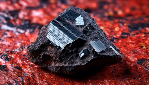 Black Radioactive Samarskite Y Rare Earth Mineral Ore With Conchoidal Fracture On Red Granite Matrix