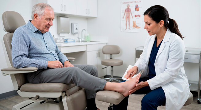 Podiatrist examining foot of elderly male patient in medical clinic. Doctor discussing peripheral arterial disease and diabetes foot care with senior man