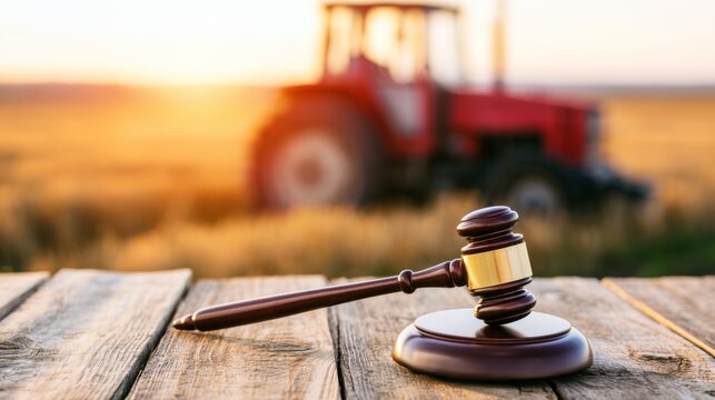 Gavel resting on wooden table with blurred red tractor in golden farm field, representing rural legal and agriculture concept