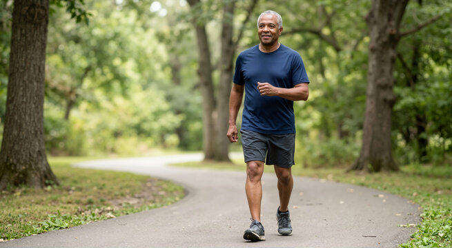 Active senior African American man walking briskly on a paved path in a green park. Older male exercising outdoors for cardiovascular health and fitness