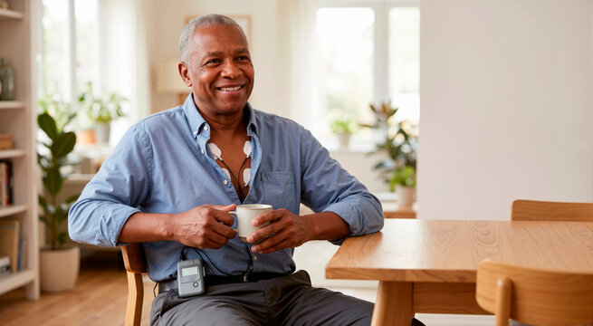 Senior African American man wearing a Holter monitor at home. Elderly male patient with an ECG telemetry device for continuous heart rhythm tracking. Cardiovascular disease prevention concept