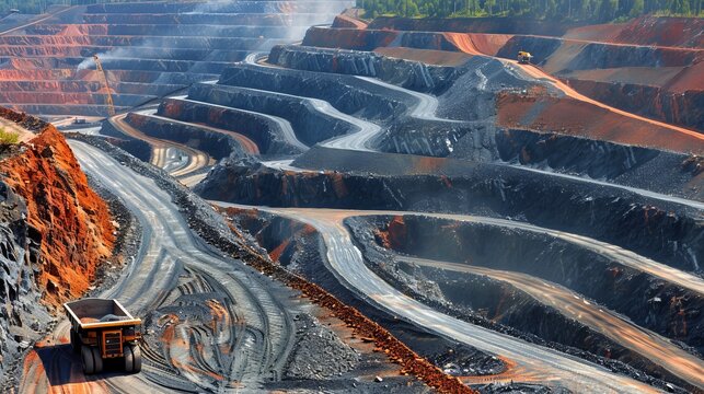 Stunning horizontal image of a grand open pit mine with deep canyon and terraced excavations