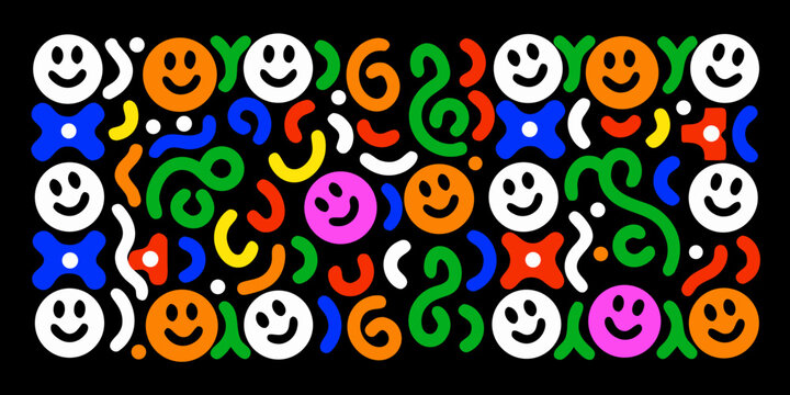 psychedelic smiley faces and abstract shapes pattern on black background