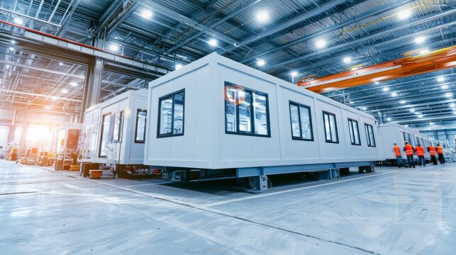 Modular prefab housing units assembled in a modern factory, workers inspecting homes under bright industrial lighting