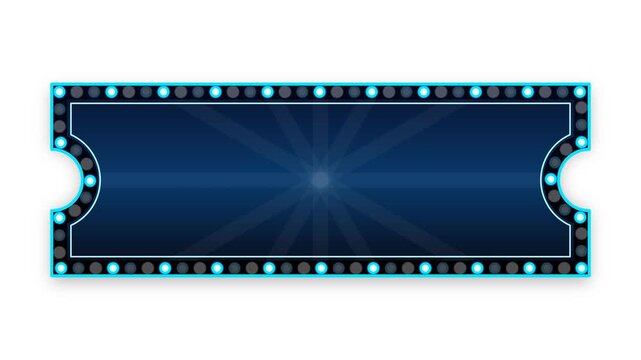 Elegant sapphire ice blue vintage ticket marquee with platinum silver flashing neon bulbs.