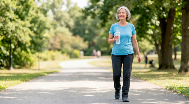 Active senior woman walking in a sunny park holding a water bottle. Healthy older female engaging in daily cardiovascular exercise for weight loss and metabolic health
