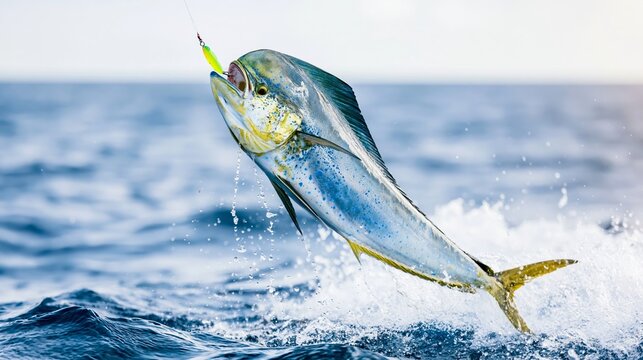 Mahi Mahi fish leaping from ocean water with bright fishing lure, dynamic saltwater sport fishing action