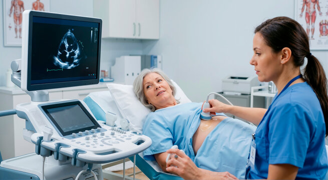 Medical technician performing echocardiogram ultrasound on elderly female patient. Doctor examining senior woman heart with diagnostic imaging equipment in clinic