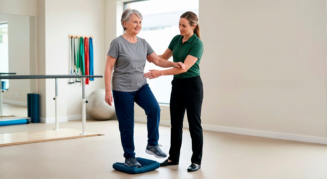 Physiotherapist assisting a senior woman with balance training exercises on a cushion. Older female patient doing fall prevention and mobility workouts in a rehabilitation clinic