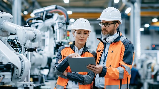 Engineers examining robotic automation system using a digital tablet in a modern factory manufacturing environment