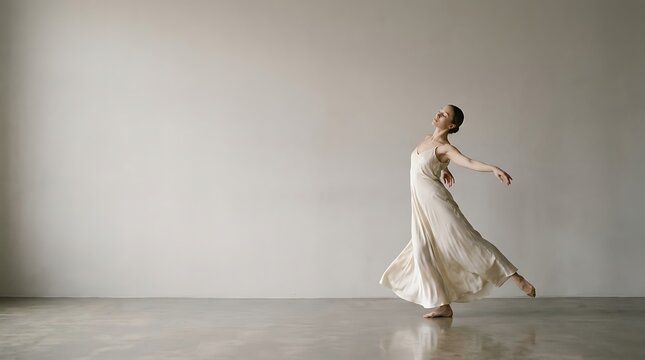 A graceful female dancer in a flowing white gown performs a contemporary routine against a minimalist backdrop.