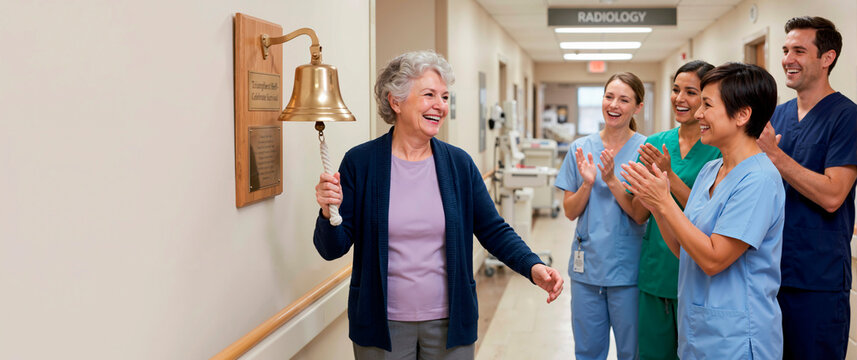 Happy senior woman ringing the cancer survivor bell in a hospital. Elderly female patient celebrating the end of treatment with cheering medical staff
