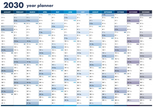 Minimalist 2030 year planner template with calendar grid, business schedule for future organization