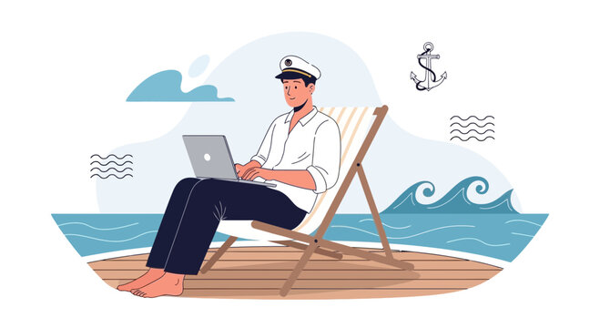 Man wearing captain hat working on laptop on beach chair by the ocean waves