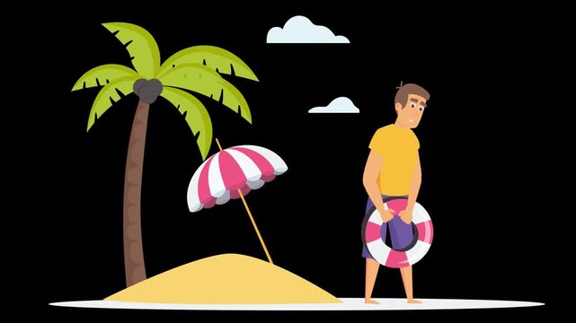 Man enjoying on a beach flat illustration. Vacation on summer advertising concept of travel agencies 