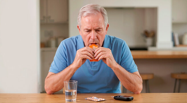 Senior diabetic man consuming a glucose gel packet during a hypoglycemia emergency. Older male patient treating low blood sugar symptoms at home with rapid glucose intake
