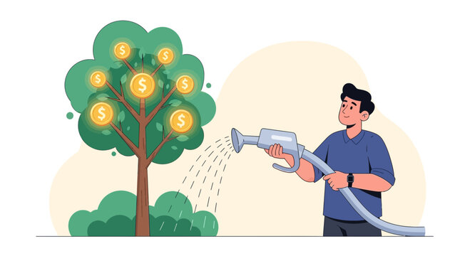 Man watering money tree with dollar coins, financial growth concept illustration