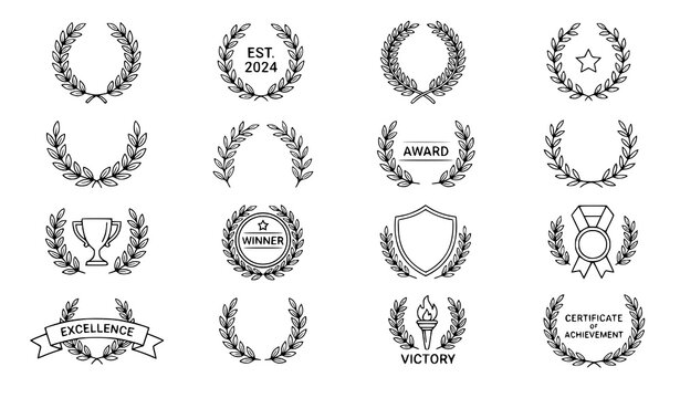 Laurel wreath icon set with foliate victory and award symbols editable stroke vector transparent background