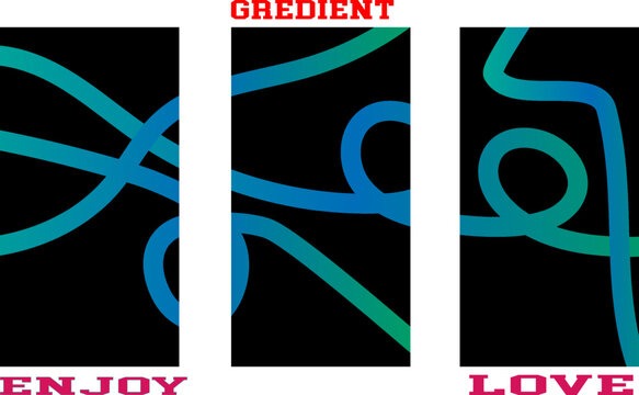Abstract triptych with blue teal looping lines and text elements obedient enjoy love abstract triptych typography creative