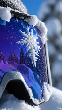 Macro reflection of snowflake on blue ski goggles.