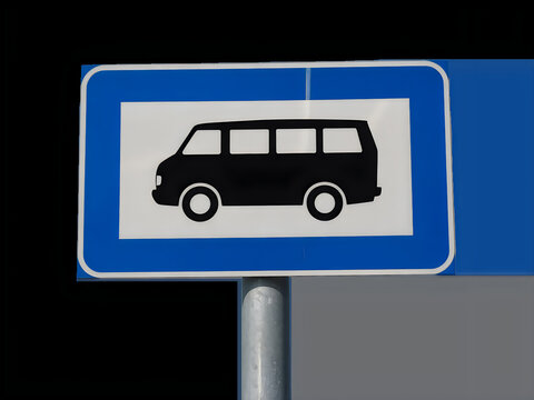 Blue road sign with black minivan icon
