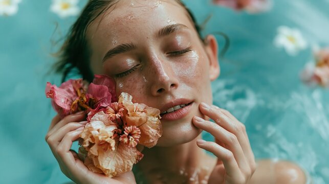 Woman with flowers in water, serene face with closed eyes and dewy skin