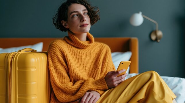 Woman in yellow sweater and pants with suitcase and phone on bed