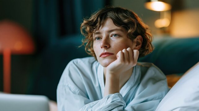 Young woman with freckles and curly hair resting her chin on her hand