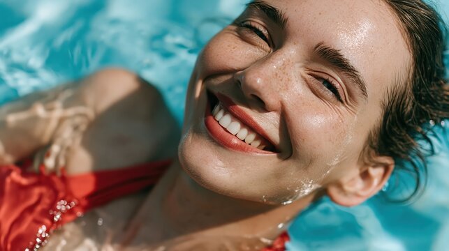 Joyful woman with freckles smiling while floating in clear blue water on a sunny day