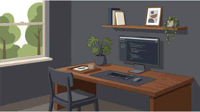 Modern Home Office Setup for Productive Work - Computer Desk, Monitor, Chair, Window View