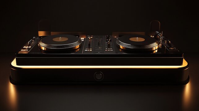 Elegant DJ music system for a lounge featuring polished turntables a sleek sound mixer and soft ambient lighting The setup is perfect for a refined and sophisticated music experience