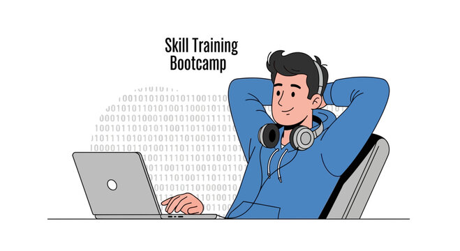 Young man with headphones learning online with laptop, binary code background