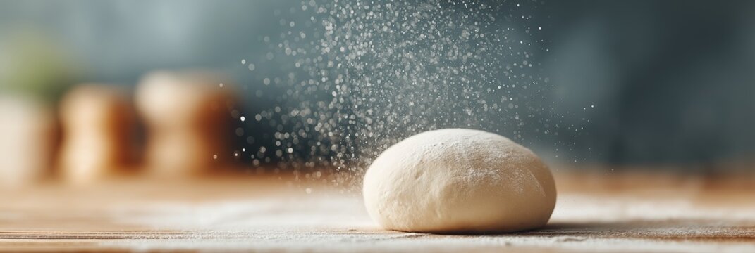 Flour falling over fresh, raw dough ball on rustic wooden table. Preparation for baking bread or pizza in kitchen