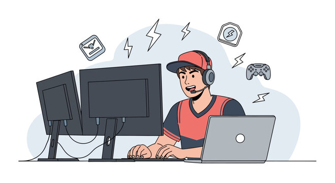 Young gamer with headset playing video games on dual monitors and laptop
