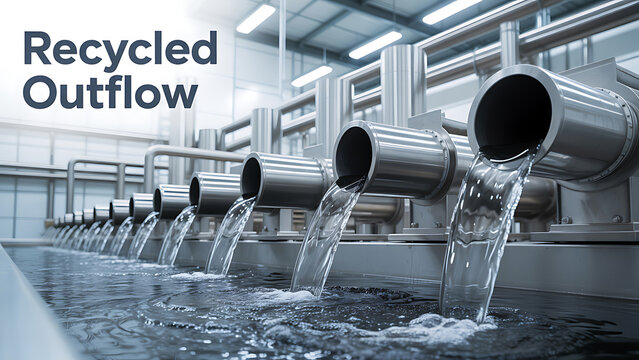 Recycled water outflow pipes in industrial facility  clean water treatment process  metal tubes flowing into pool