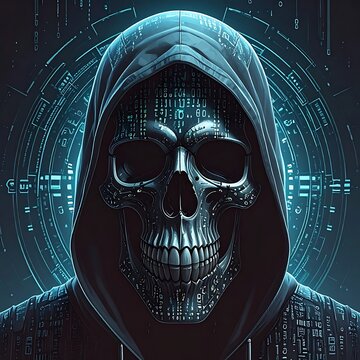 A hooded figure with a skull face and a futuristic circuit pattern