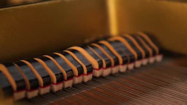The operation of the damper mechanism inside an acoustic piano during playing. A close-up shot shows felt mutes lifting and falling back onto the tensioned metal strings.